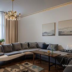 Virtual Staging: Einrichtungsvorschlag für das Wohnzimmer - Eigentumswohnung in Berlin - Friedenau