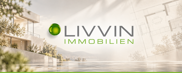 Logo LIVVIN Immobilien mit angedeutetem Grundriss und Objektfoto im Hintergrund