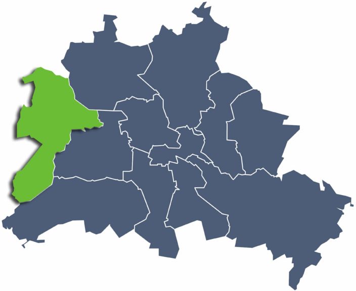 Karte von Berlin mit eingezeichneten Stadtbezirken und grüner Hervorhebung von Berlin - Spandau