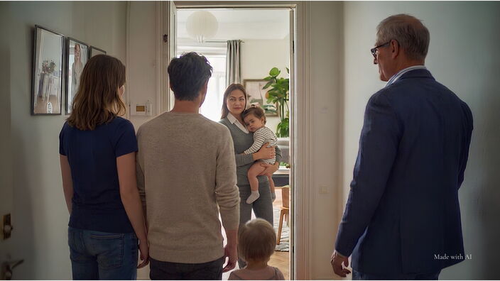 Ein junges Paar mit Kind steht mit dem Verkäufer in der Wohnung der Mieterin