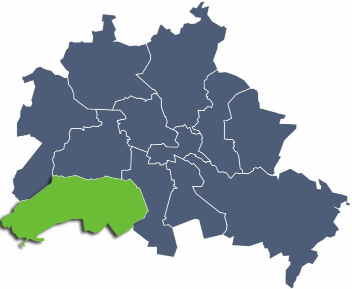 Karte von Berlin mit eingezeichneten Stadtbezirken und grüner Hervorhebung von Steglitz - Zehlendorf