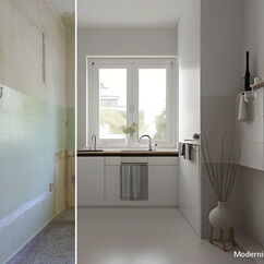 Virtual Home Staging: Küche mit Modernisierungsvorschlag - 2-Zimmer-Wohnung Berlin Schöneberg
