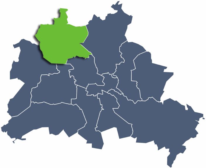 Karte von Berlin mit eingezeichneten Stadtbezirken und grüner Hervorhebung von Reinickendorf