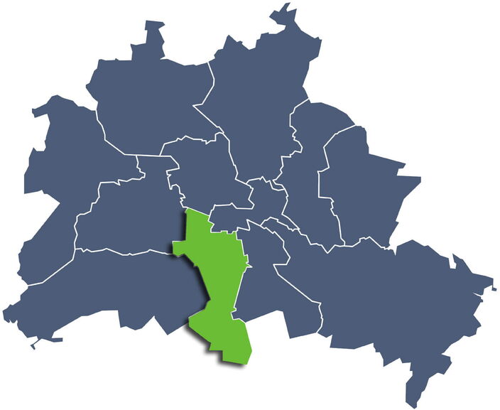 Karte von Berlin mit eingezeichneten Stadtbezirken und grüner Hervorhebung von Berlin-Tempelhof-Schöneberg