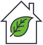 Grafische Darstellung eines Hauses mit einem grünen Blatt in der Mitte