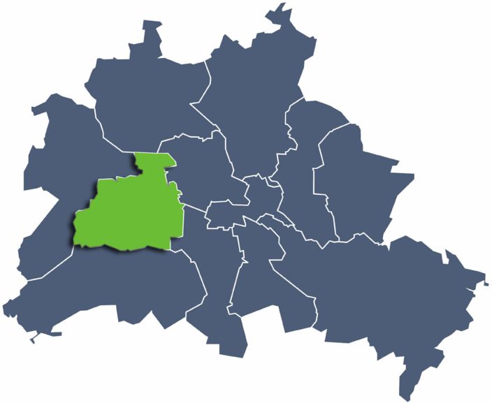 Karte von Berlin mit eingezeichneten Stadtbezirken und grüner Hervorhebung von Charlottenburg - Wilmersdorf