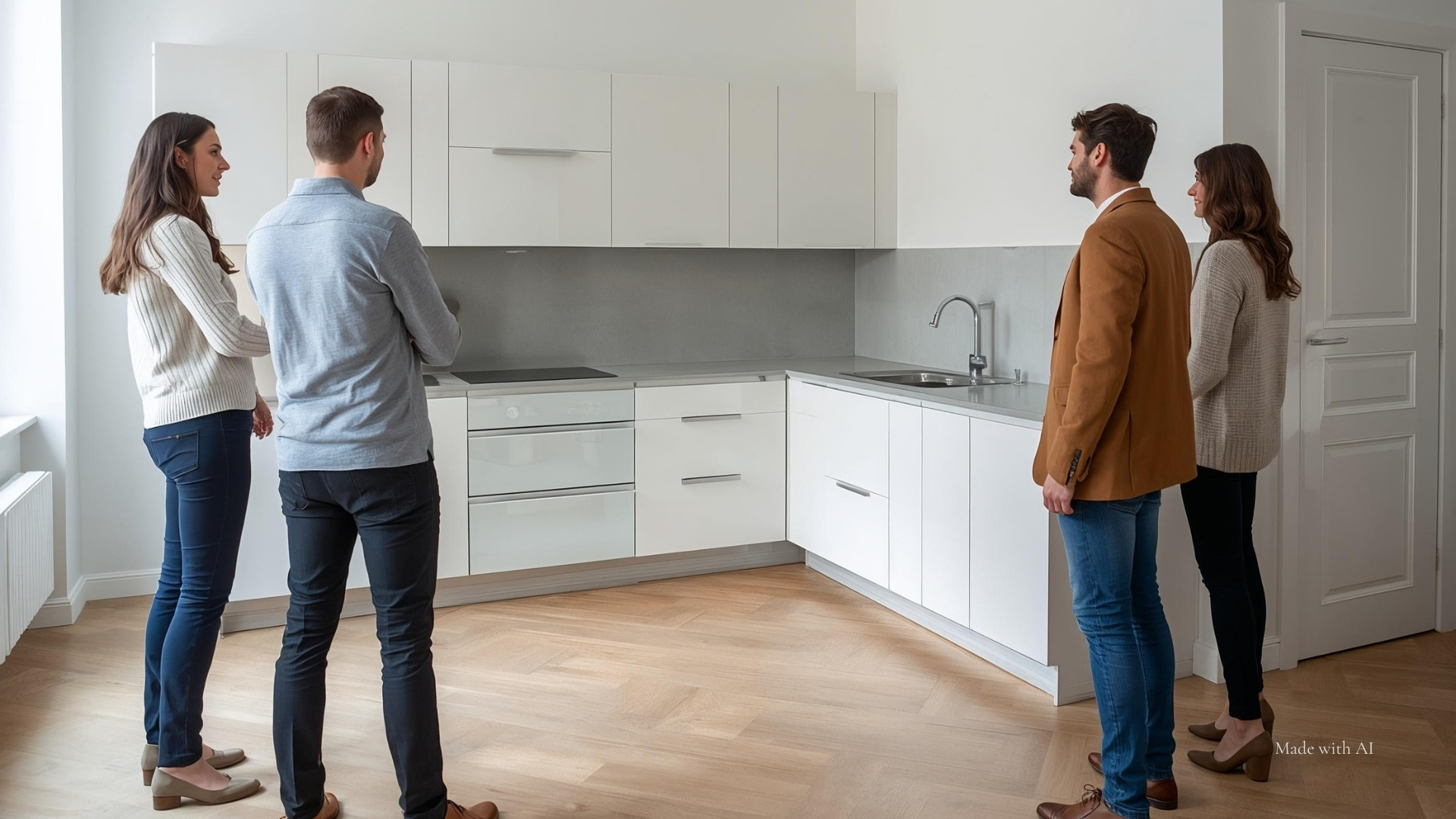 Eigentümer und Interessenten stehen sich in einer modernisierten Küche gegenüber.