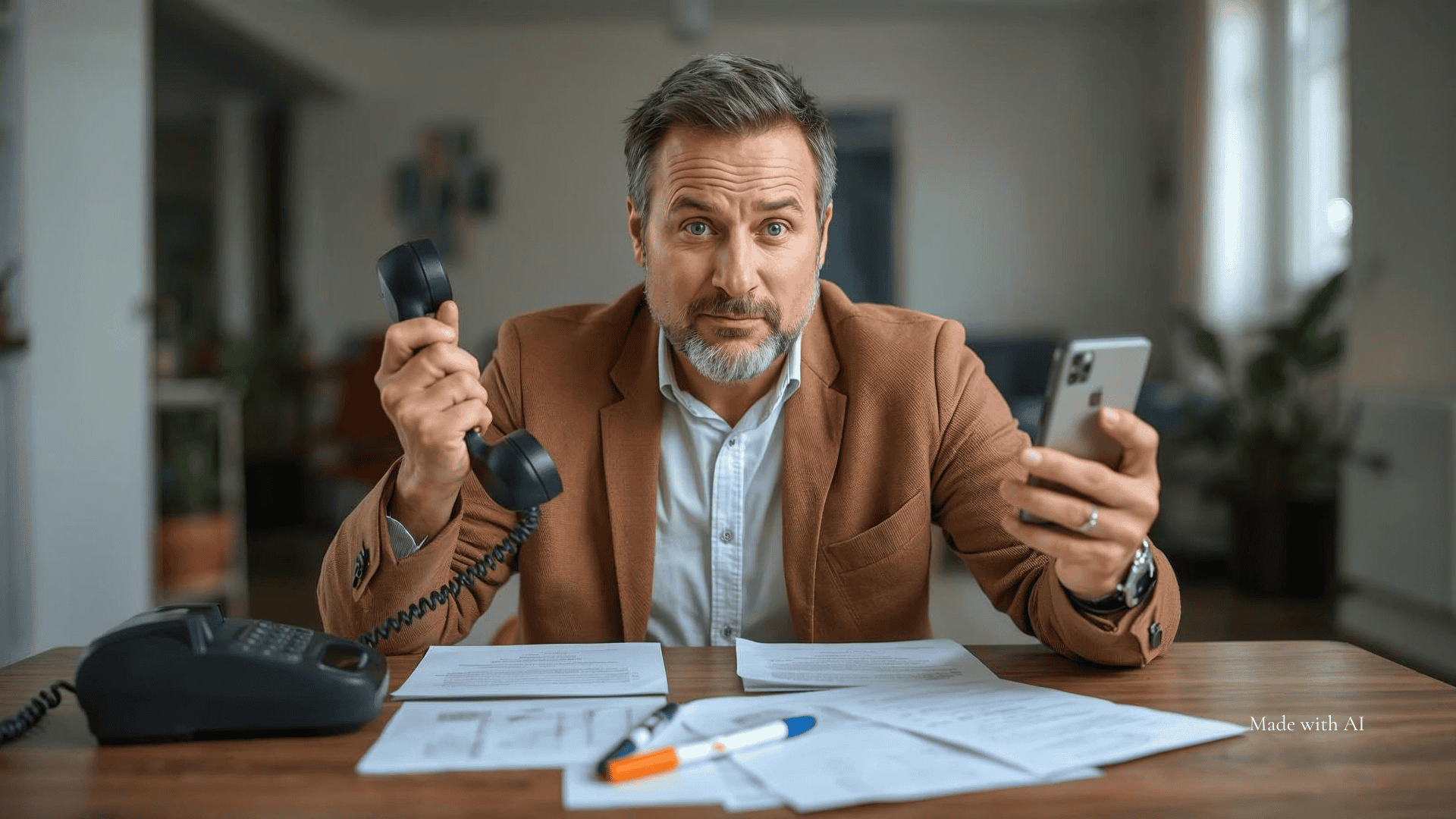 Ein Mann mit zwei Telefonen in der Hand und vor einem Stapel Unterlagen schaut ratlos