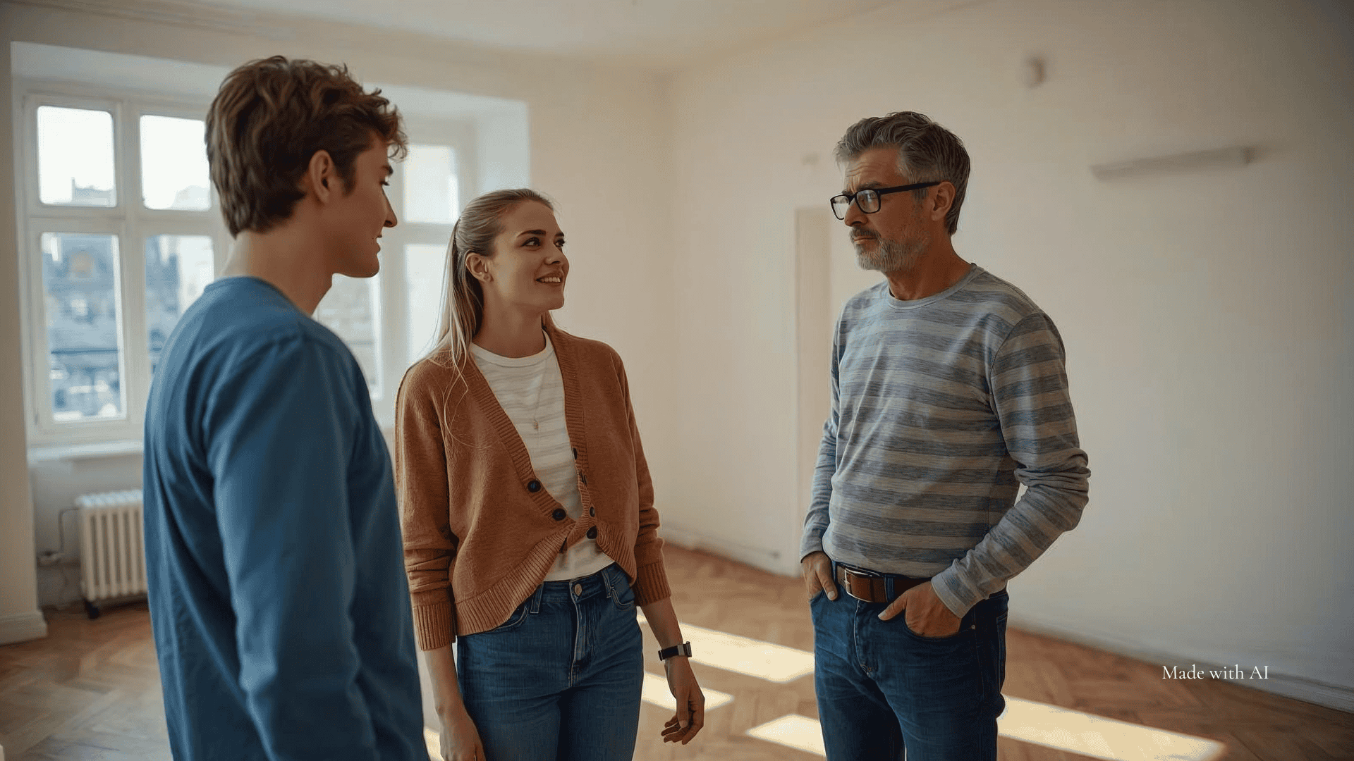 Ein junges Paar im Gespräch mit dem Wohnungseigentümer