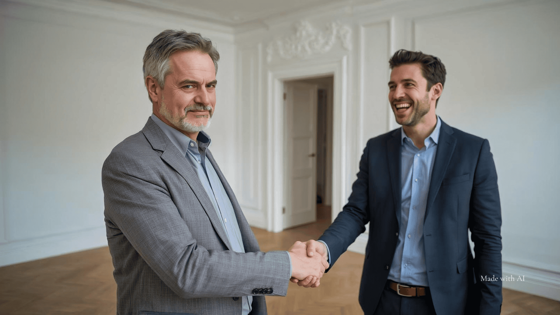 Zwei Männer besiegeln mit Handschlag ein Immobiliengeschäft