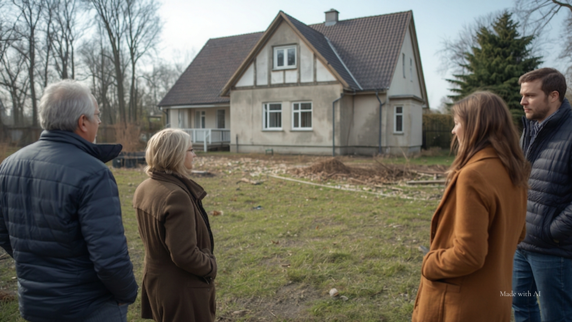 Eigentümer und Kaufinteressenten stehen auf einem großen Grundstück vor einem älteren Einfamilienhaus.