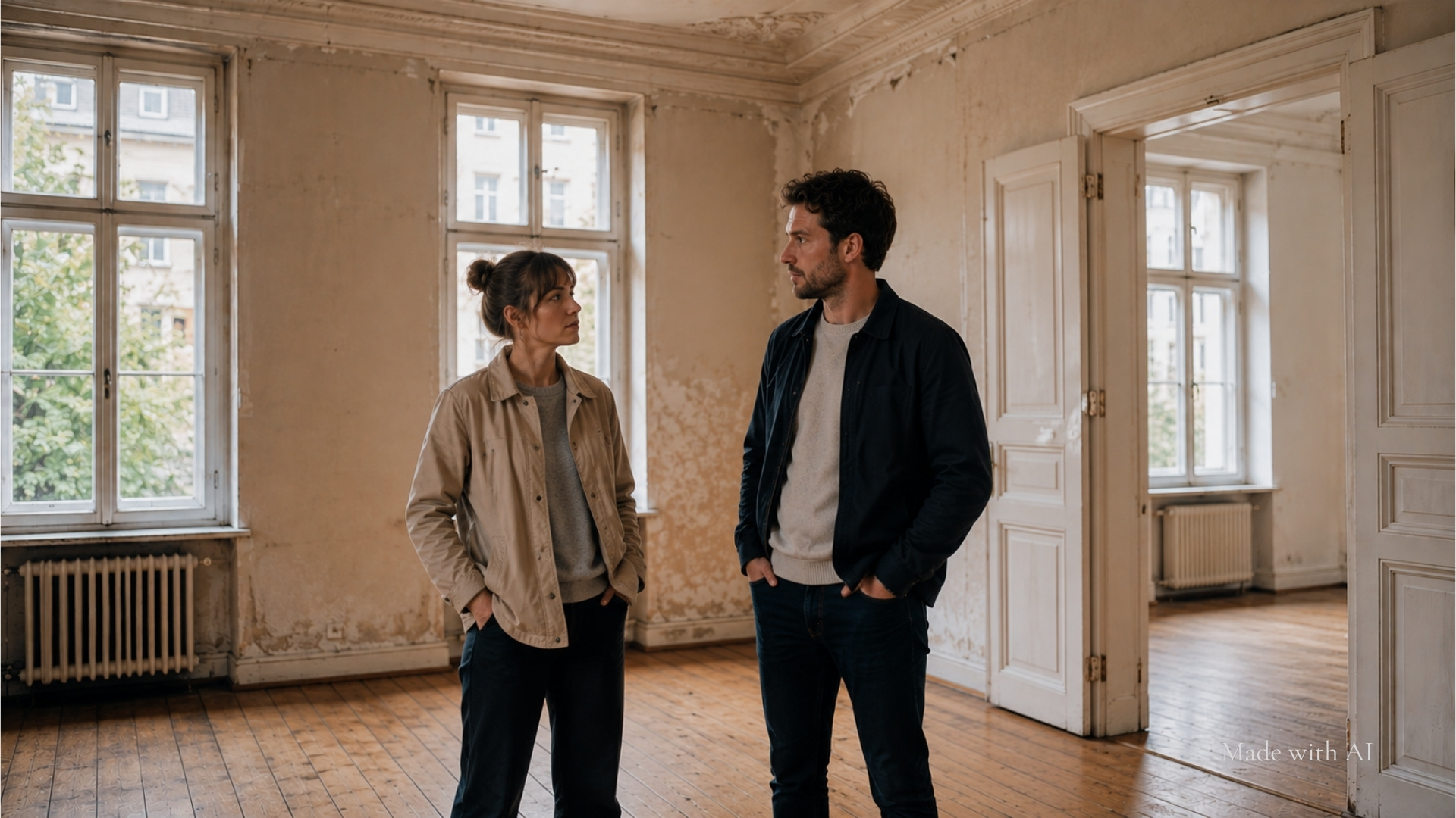 Ein junges Paar steht in einer sanierungsbedürftigen Berliner Altbau-Wohnung und blickt sich fragend an.