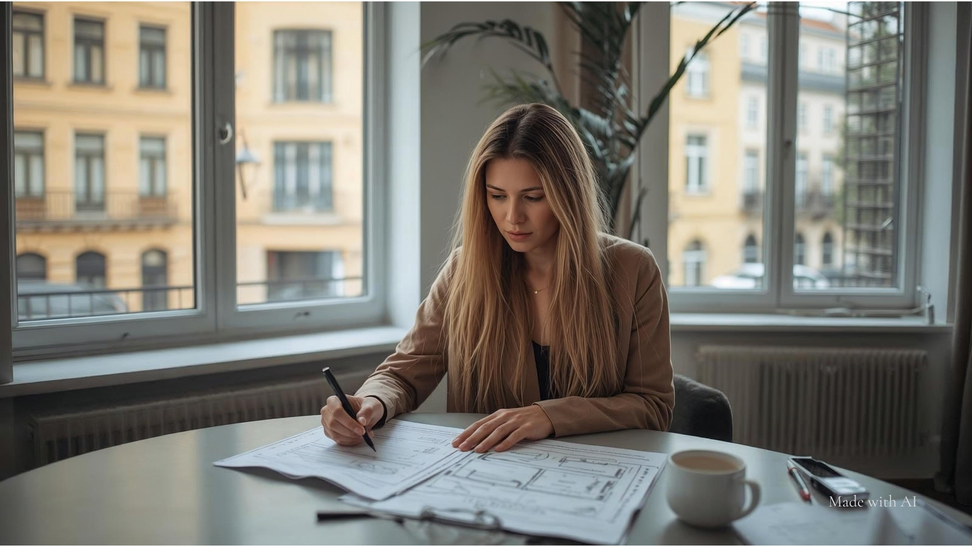 Eine junge Frau prüft konzentriert Immobilienunterlagen.