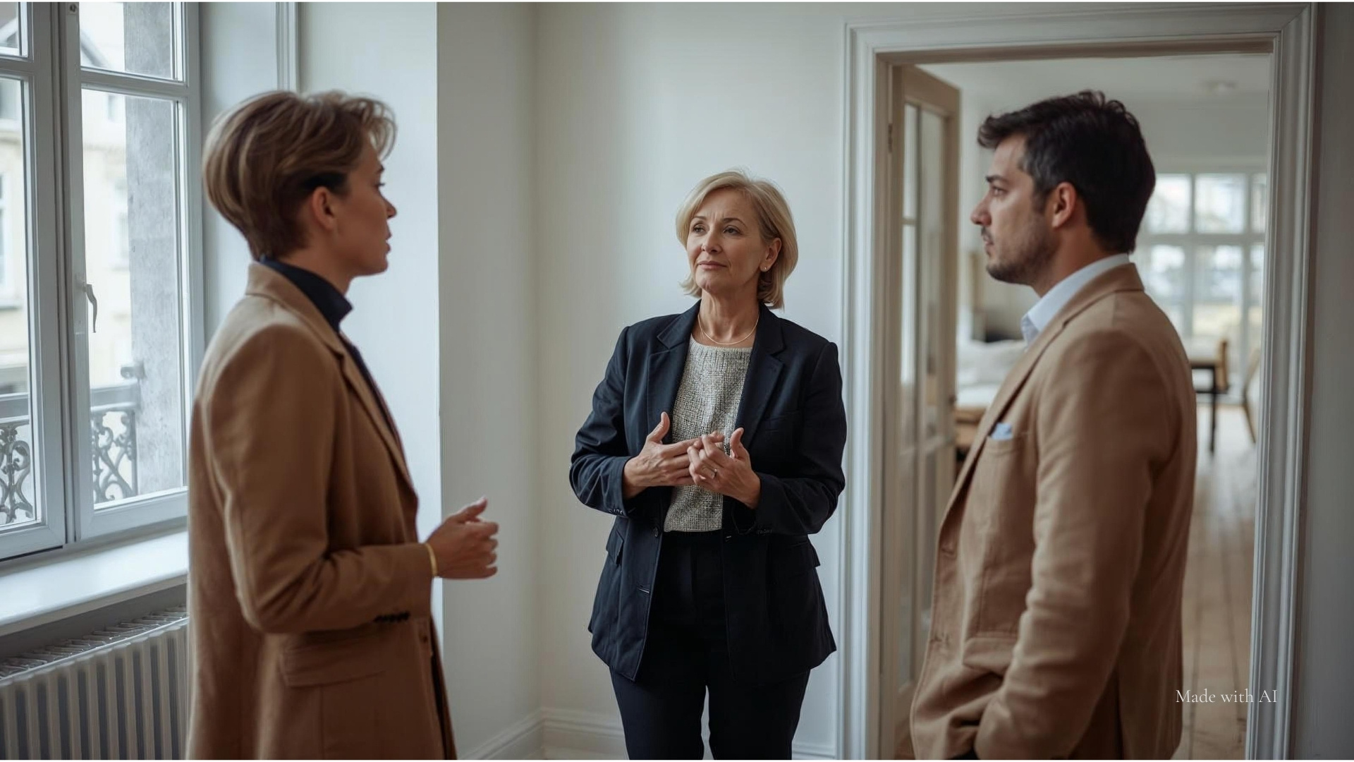 Eine Eigentümerin verhandelt den Kaufpreis für ihre Immobilie mit zwei Investoren.
