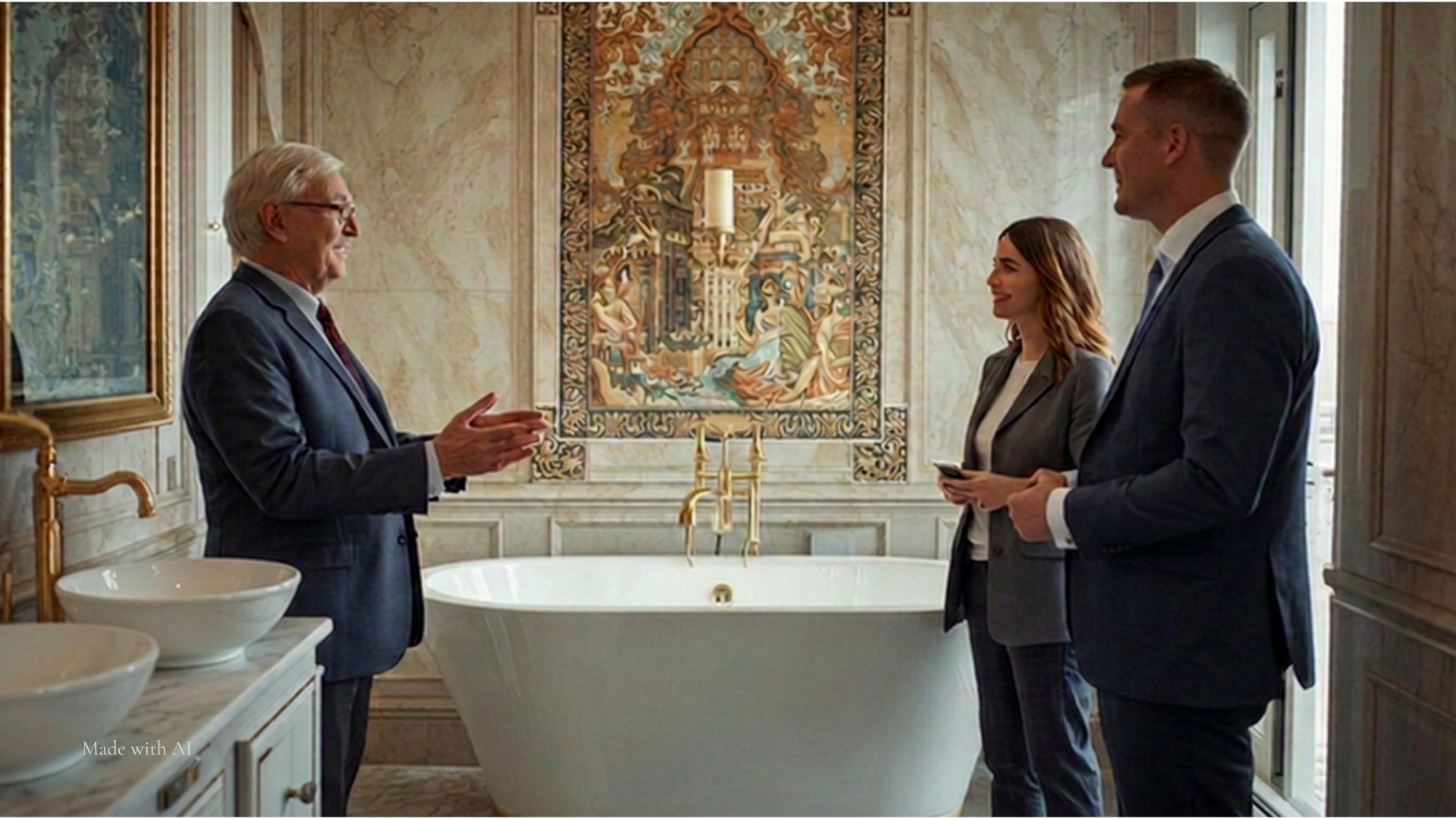 Verkäufer und Käufer stehen in einem pompösen Badezimmer