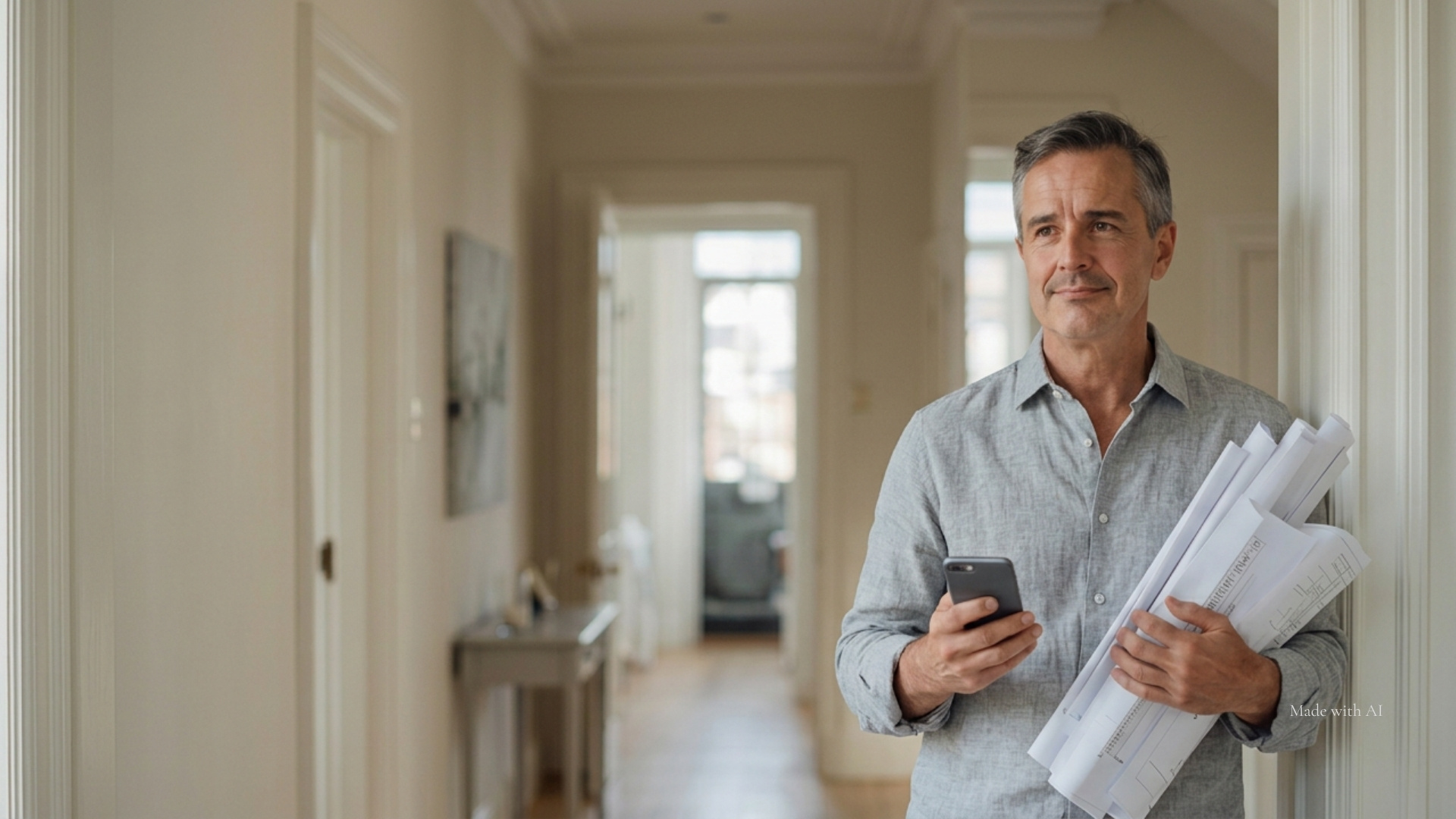Ein Eigentümer steht im Türrahmen seiner Wohnung und hält mehrere Dokumente und ein Smartphone in der Hand.