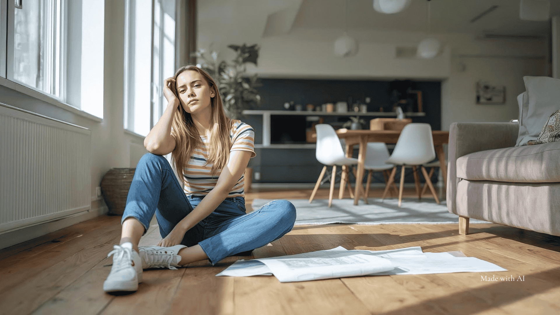 Eine junge Frau sitzt auf dem Fußboden ihrer Wohnung und schaut sich Grundrisse an.
