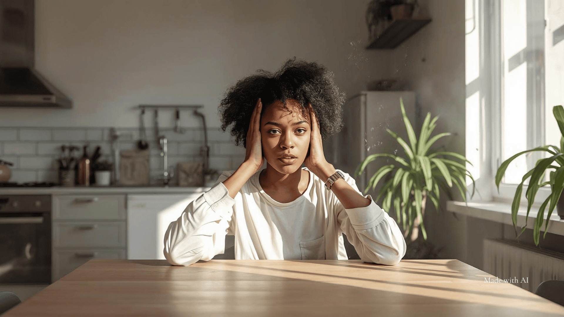 Eine junge Frau sitzt an einem Tisch in einer Berliner Wohnküche und hält sich die Ohren zu.