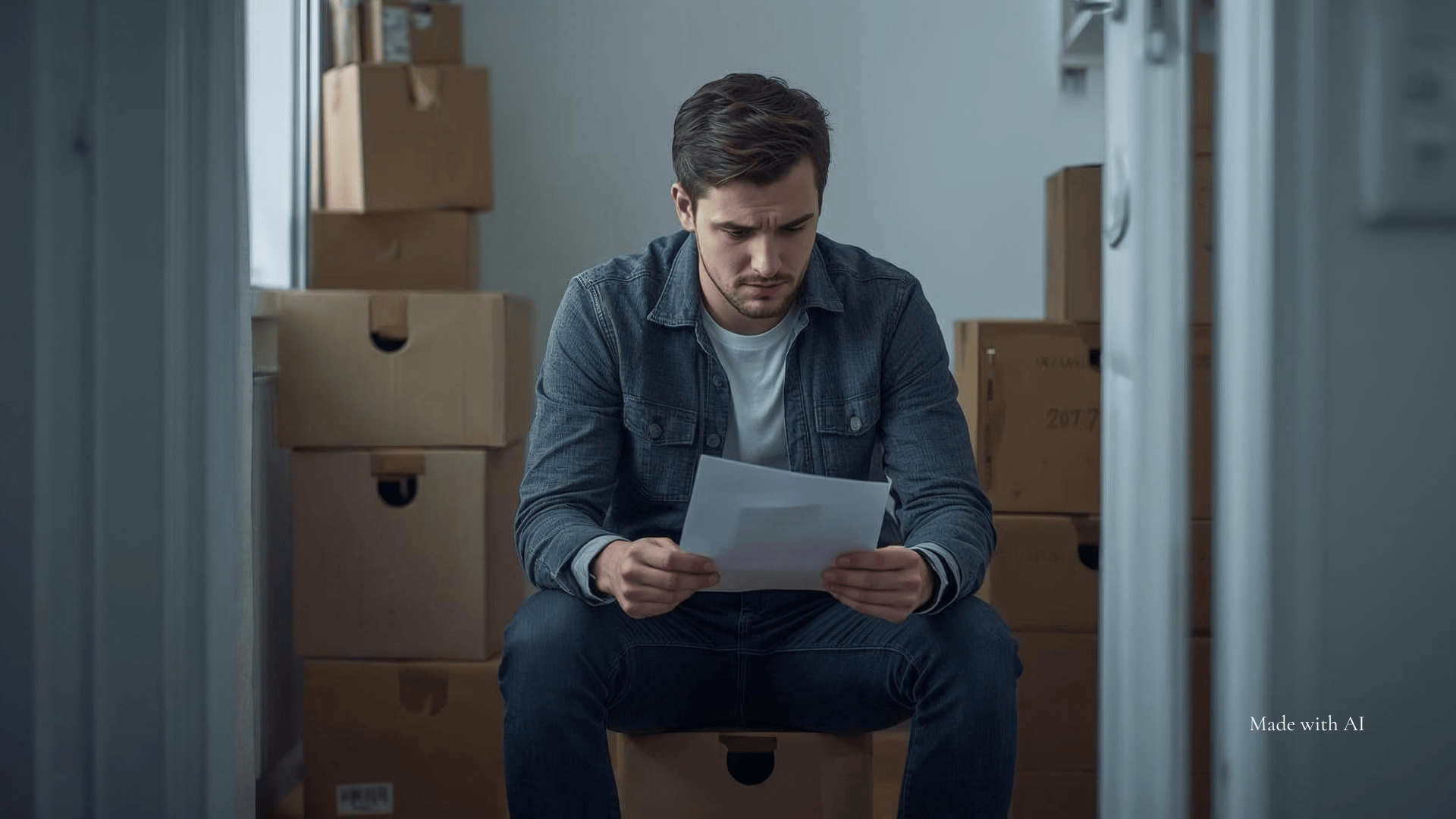 Ein junger Mann sitzt auf gepackten Umzugskarton und liest einen Brief.