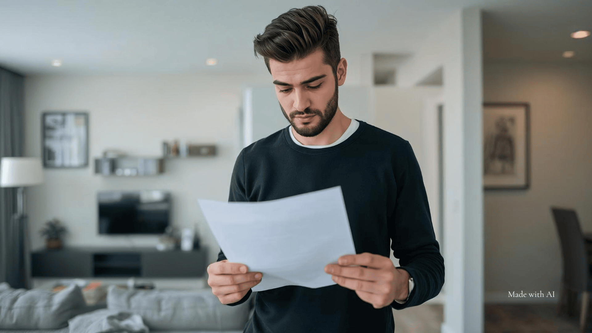 Ein junger Mann in einer modernen Berliner Wohnung mit einem Brief in der Hand.