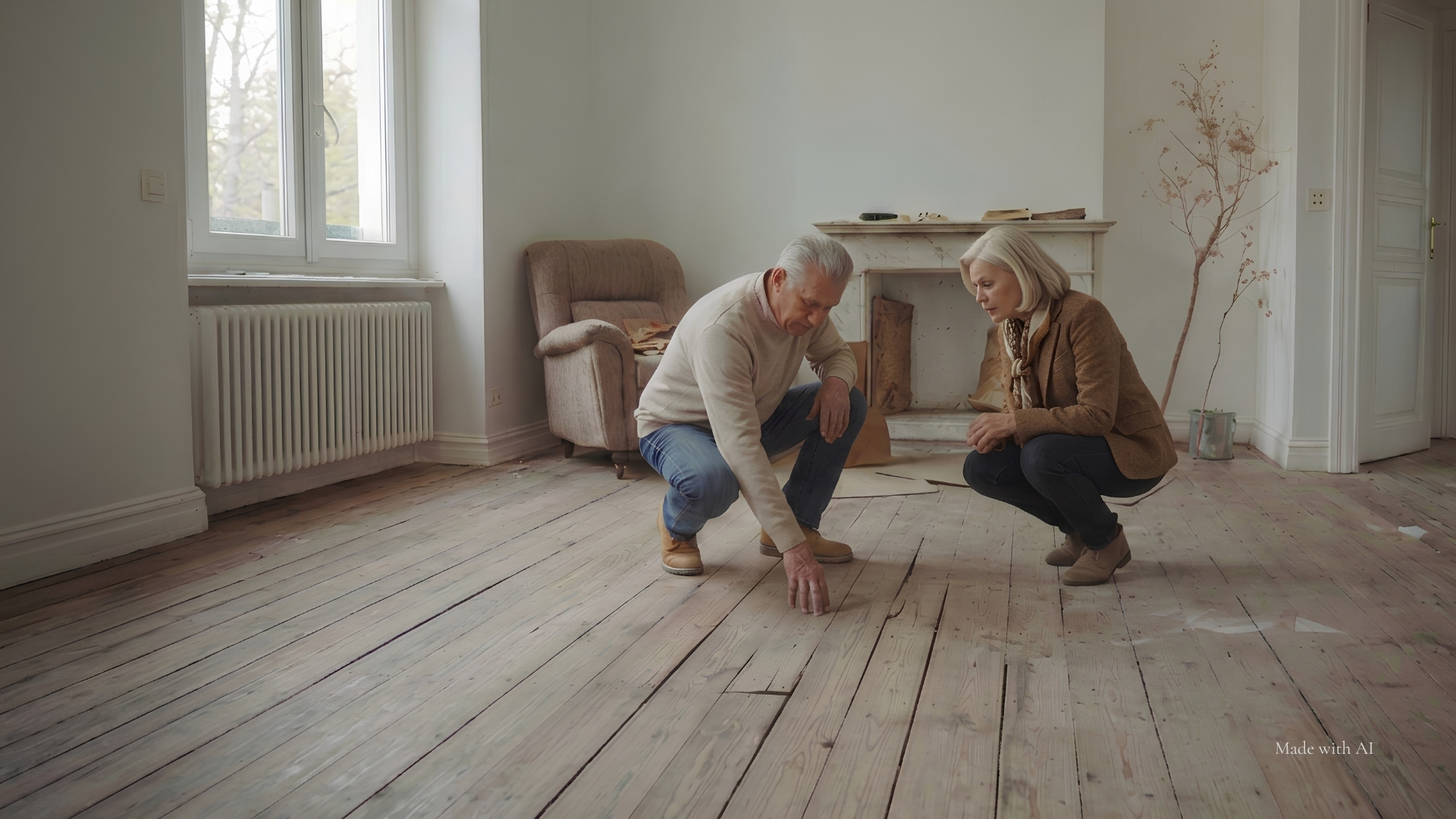 Ein gut gekleidetes älteres Paar betrachtet sorgenvoll den defekten alten Dielenfußboden in seiner Wohnung.