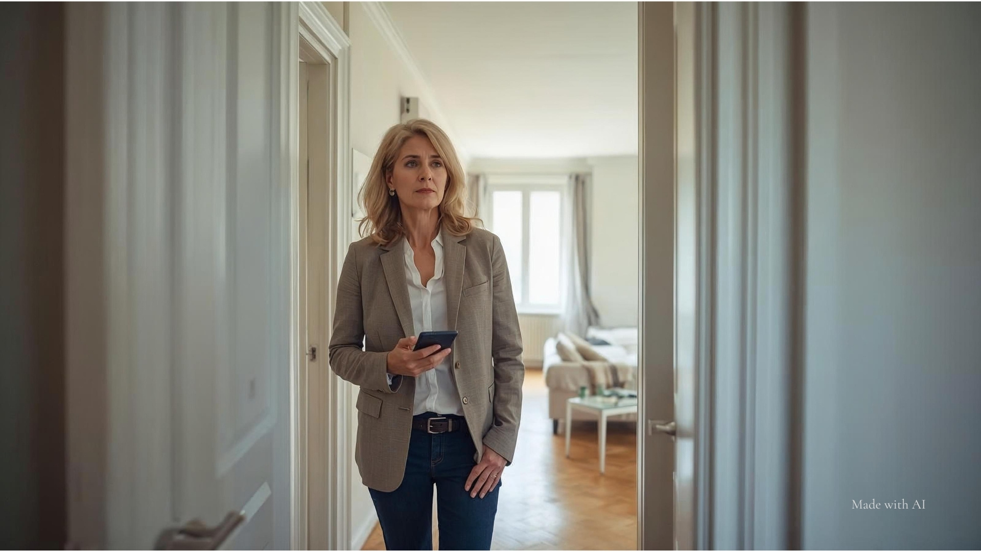 Eine gut gekleidete Frau mit Smartphone in der Hand, überlegt, wie sie weiter vorgehen soll.