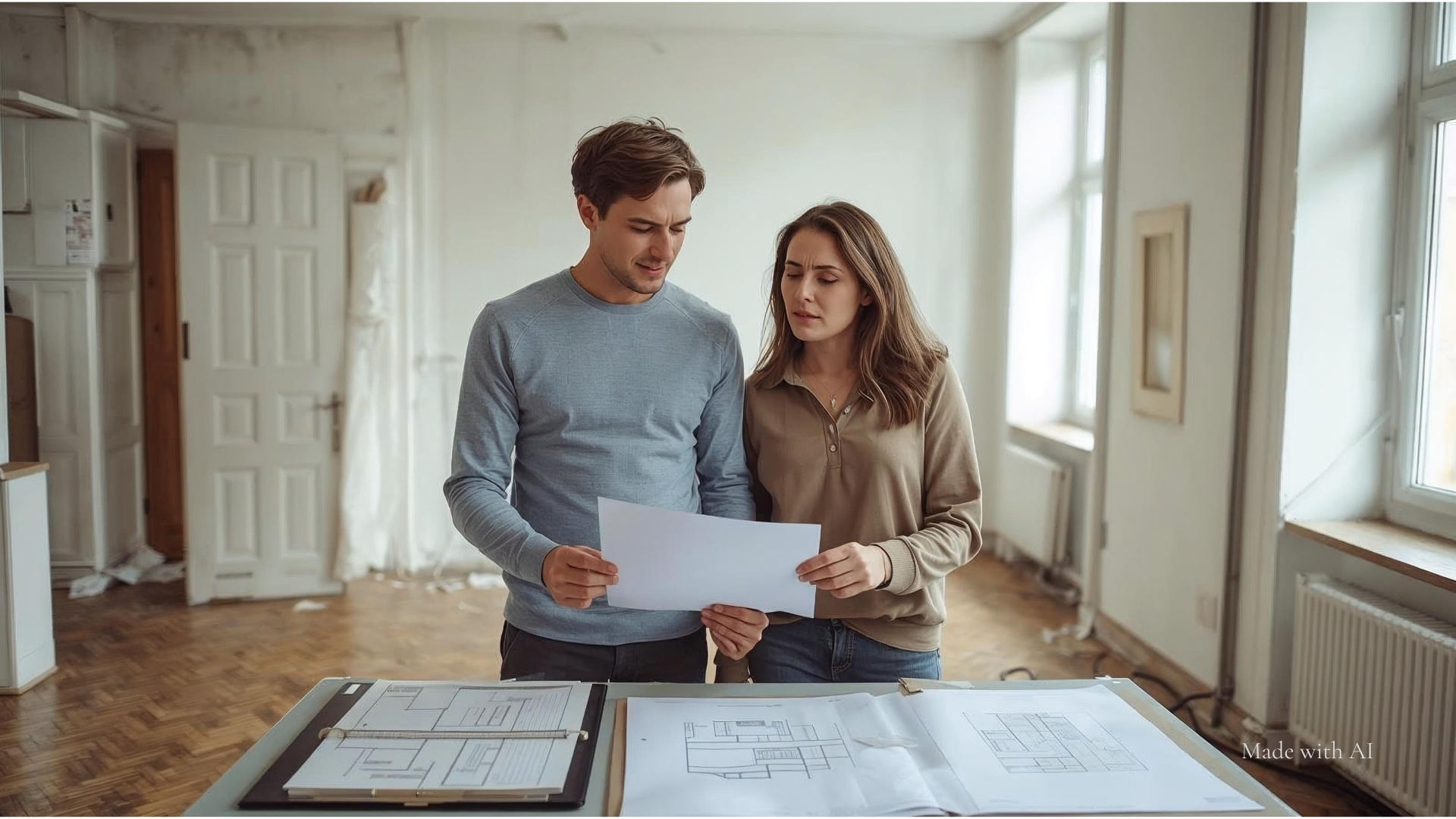 Ein junges Paar steht in einer unsanierten Berliner Wohnung und überlegt, welche Modernisierungen möglich sind.