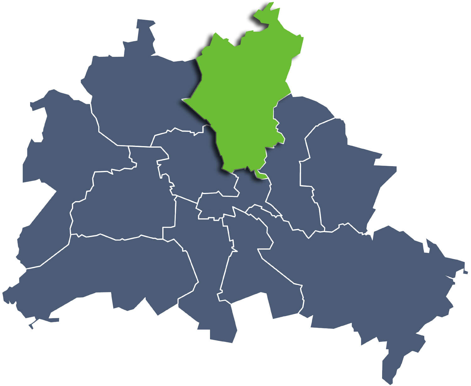 Karte von Berlin mit eingezeichneten Stadtbezirken und grüner Hervorhebung von Pankow