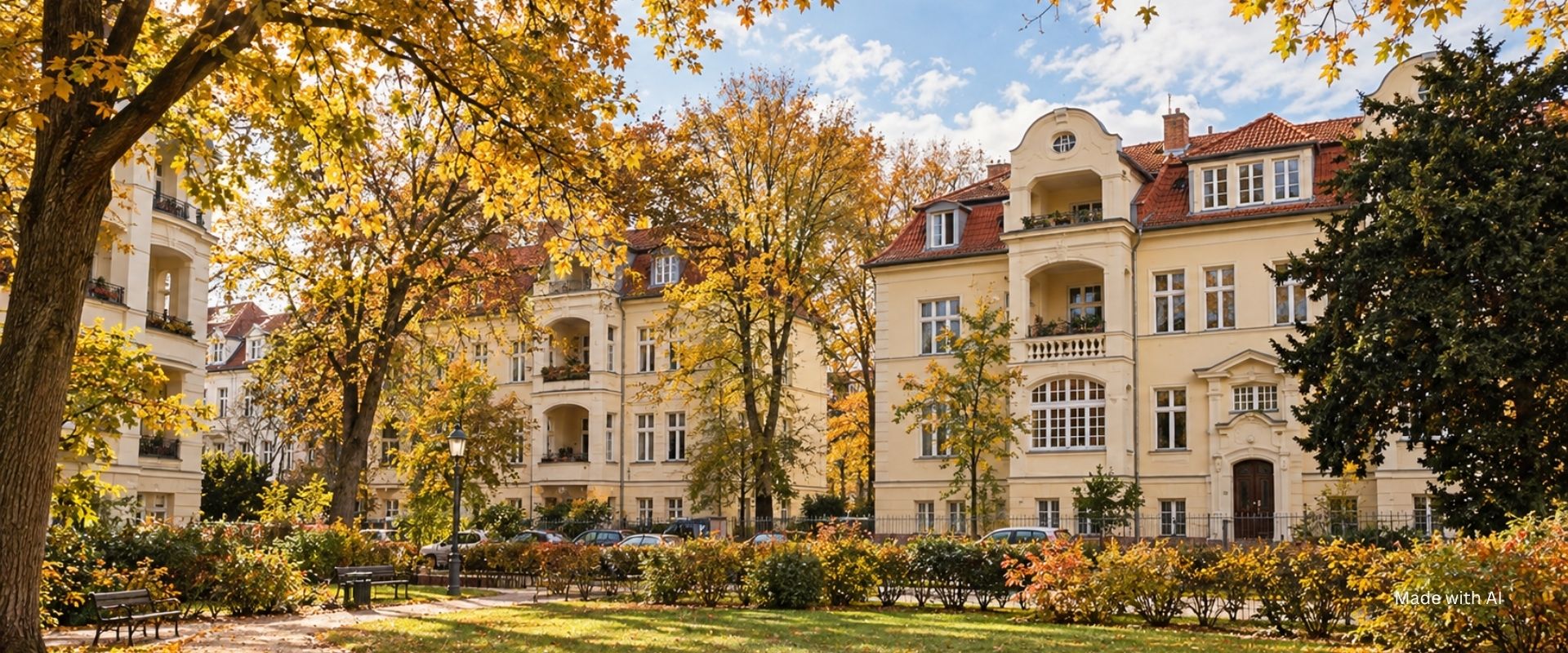 Parkanlage mit Altbauten an einem sonnigen Herbsttag