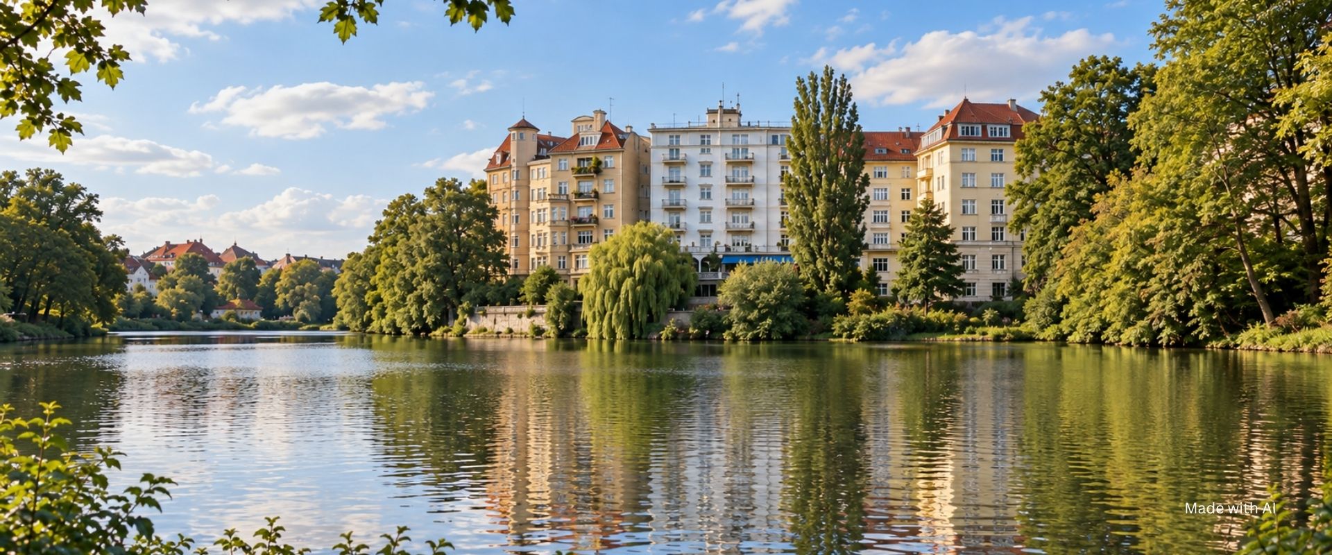 Beispielbild für Berlin-Charlottenburg-Wilmersdorf: Kleiner See mit Mehrfamilienhäusern an einem schönen Sommertag