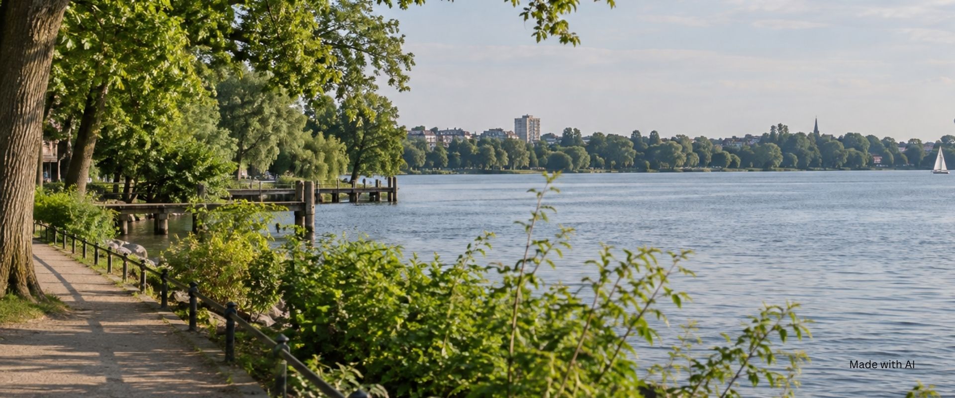 Beispielbild für Berlin-Tegel in Reinickendorf: Uferpromenade mit Blick auf einen See an einem freundlichen Sommertag