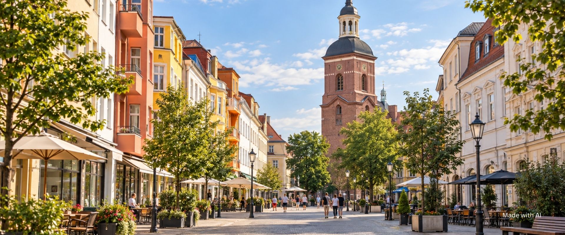 Beispielbild für Berlin-Spandau: Blick auf Kirche und Gebäude der Altstadt an einem sonnigen Tag
