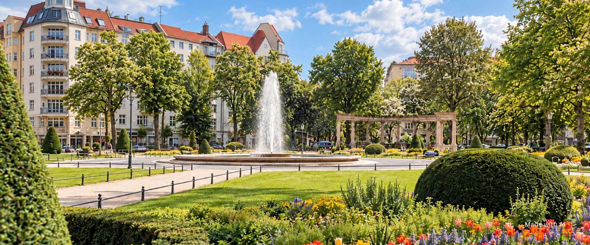 Beispielbild für Berlin-Tempelhof-Schöneberg: Idyllischer Platz mit Springbrunnen und Grünanlagen