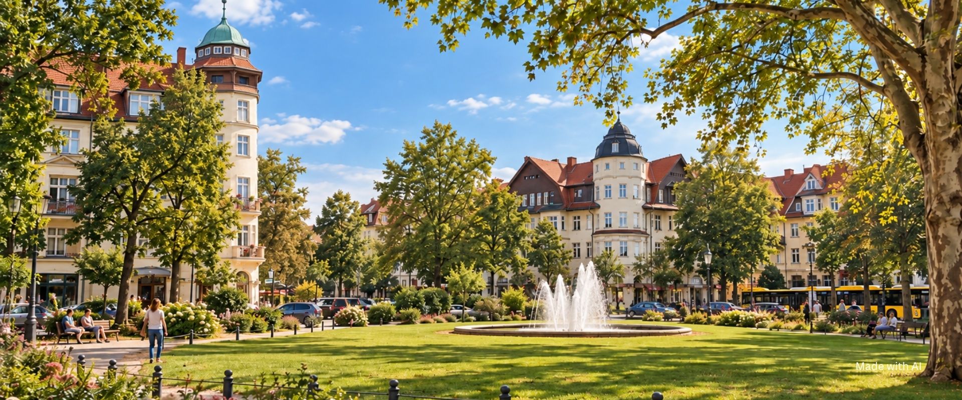 Beispielbild für Berlin-Steglitz-Zehlendorf: Grüne Parkanlage mit Springbrunnen und Altbauten im Hintergrund