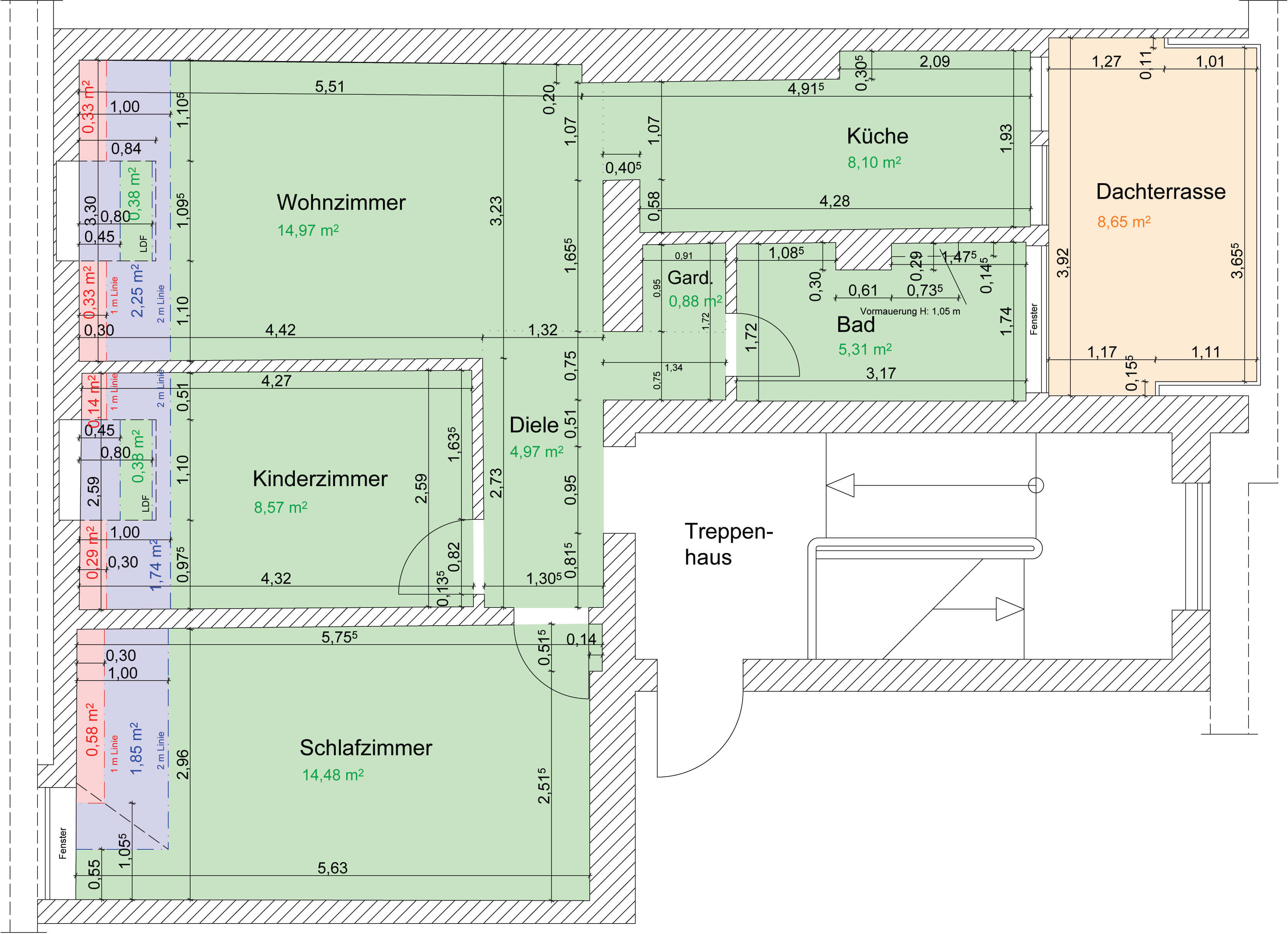 Grundriss Dachgeschosswohnung mit Maßen (Beispiel)