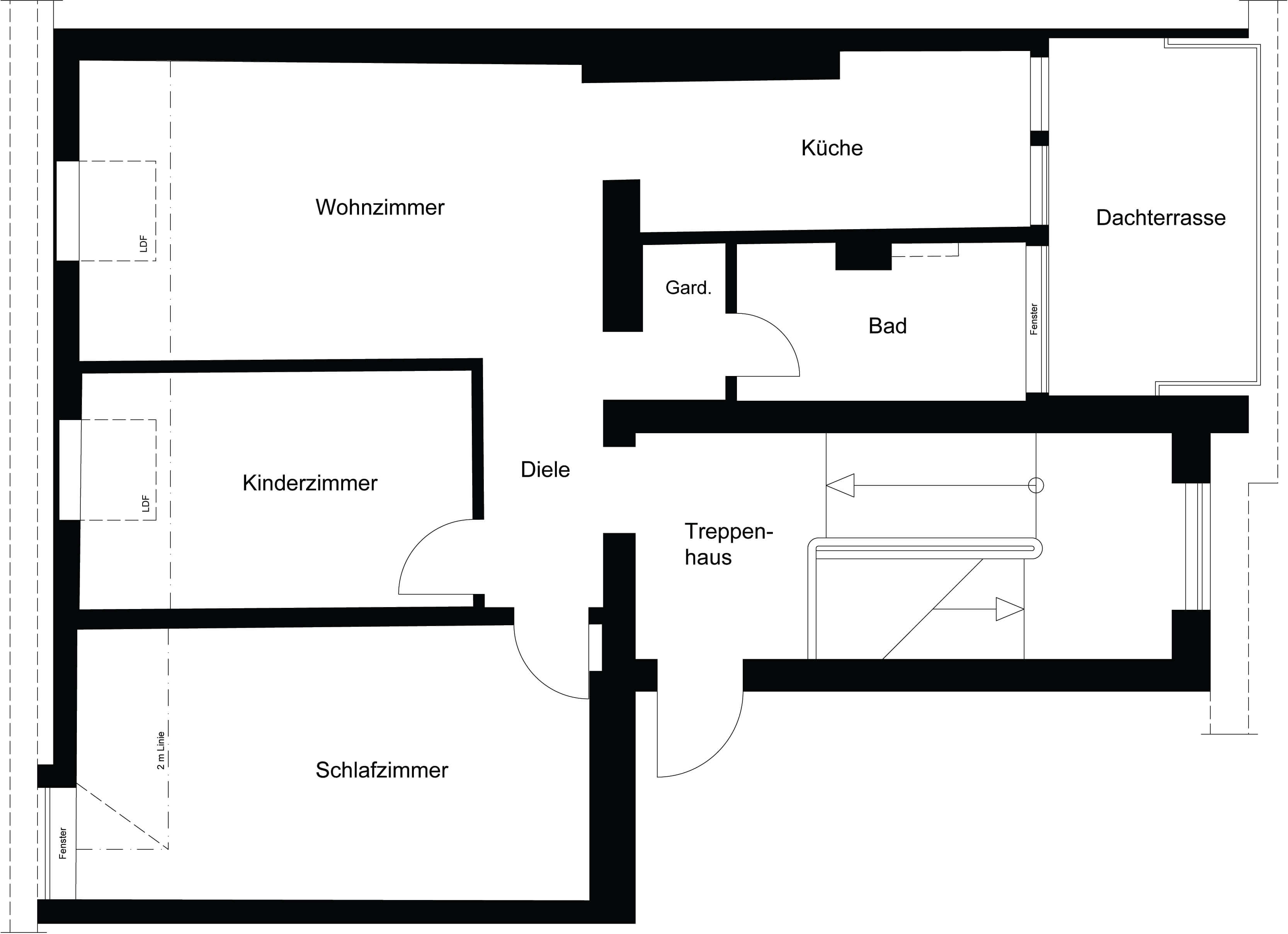 Einfache Grundrisszeichnung einer Dachgeschosswohnung in Schwarz-Weiß